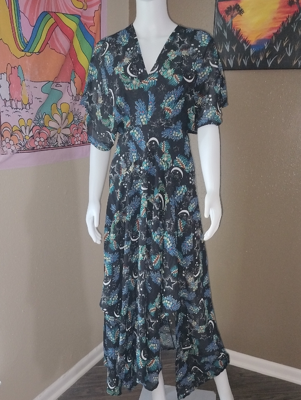Mumu Bohemian Moon & Stars Dolman Sleeve Maxi Dress Sz S